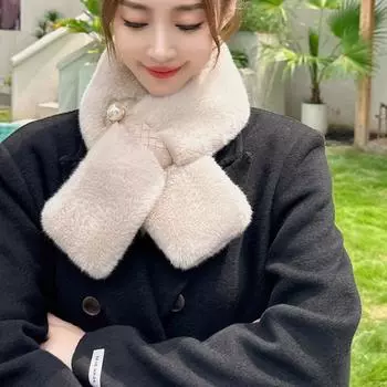 Шарф женский зимний шарф из шерсти кролика Рекс крест универсальный воротник из жемчуга утолщенный теплый шарф для девочек