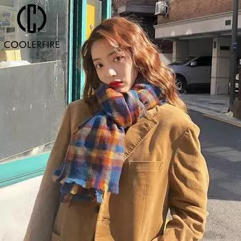 Шарф женский зимний сохраняющий тепло уличный удобный клетчатый кашемировый толстый длинный повседневный корейский вариант ретро студенческие шарфы AD2160 One Size чёрный