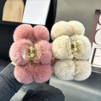 Шарик для волос из настоящего кролика-выдры, большая заколка для волос на затылке, темпераментный зажим, сетка, красный милый плюшевый головной убор, женское украшение для волос