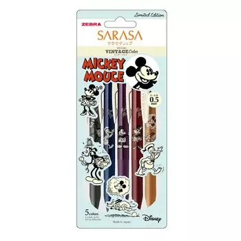 Шариковая гелевая ручка Zebra Sarasa Clip Vintage Disney 5 цветов набор 0,5 мм JJ15-DS2305-5C