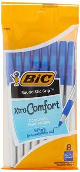 Шариковая ручка BIC Round Stic Grip Ultra Medium, двенадцать упаковок по 8 штук, шариковая ручка - синяя, - (96 Ручки) (пункт) синий