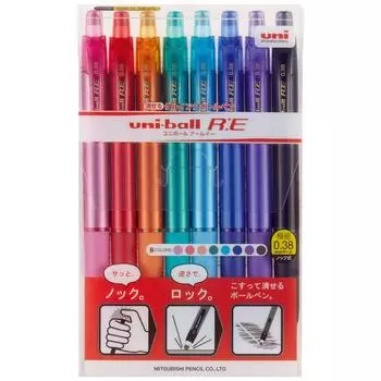 Шариковая ручка Mitsubishi Pencil стираемая Uniball RE 8 цветов набор URN180388C 0.38