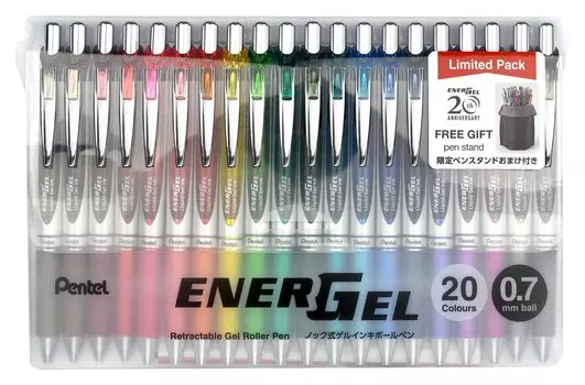 Шариковая ручка Pentel с гелевыми чернилами Energel Knock Type Limited Silver Shaft 20 цветов 0,7 мм BL77-20