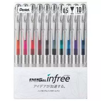 Шариковая ручка Pentel с гелевыми чернилами Energel Infree 0,5 мм, прозрачный стержень BLN75TL-10, 10 цветов