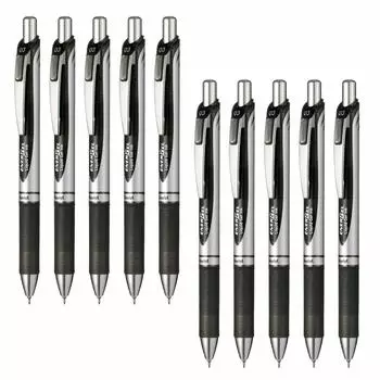 Шариковая ручка Pentel с гелевыми чернилами Energel, выдвижной серебряный стержень, черный, 10 шт., 0,3 мм BLN73-A чёрный