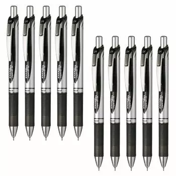 Шариковая ручка Pentel с гелевыми чернилами Energel, выдвижной серебряный стержень, черный, 10 шт., 0,4 мм BLN74-A чёрный
