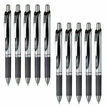 Шариковая ручка Pentel с гелевыми чернилами Energel, выдвижной серебряный корпус, черный, 10 шт., 0,7 мм BL77-A чёрный