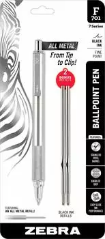 Шариковая ручка Zebra Metal Pen с тонким кончиком, ручка из нержавеющей стали, рифленая ручка, черные чернила, выдвижная серебристая металлическая ручка Zebra F701 с 2 черными стержнями для