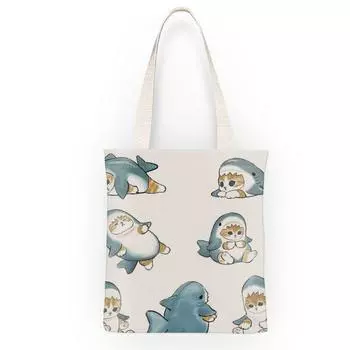 Shark Cat Canvas Bag Anime Partysu Handbag Simple Shoulder Bag Student Bag for Class Large Capacity One-sided pattern without Zipper [32x 38]]