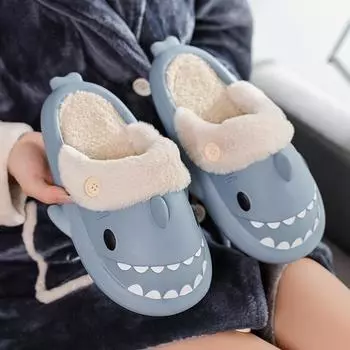 Shark Cotton Slippers Woman Waterproof Winter Indoor Non-slip Slides Plush Warm Couple Home Sandals Flat Shoe Shark Flip Flops 36-37