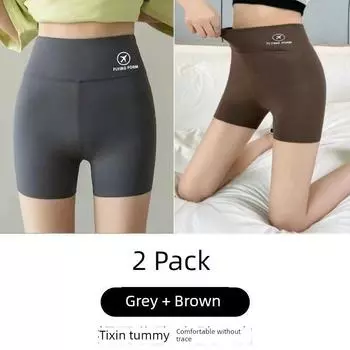 Shark Pants Summer Thin Belly Contraction Hip Lifting Fitness Yoga Pants Seamless Shorts Safety Pants Anti-Wardrobe Malfunction Base 2 Pack [Grey + Cafe]] M