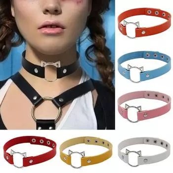 Шарм Harajuku Женские ювелирные изделия Подарочные готические модные винтажные круглые ожерелья из искусственной кожи с головой кошки в стиле панк чёрный