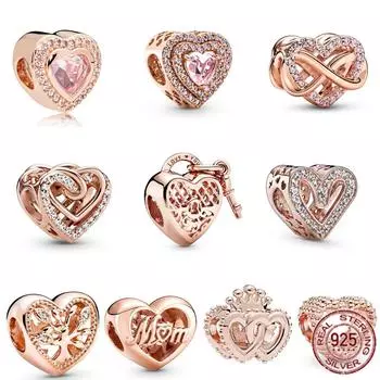 Шарм из розового золота 925 пробы с сердцем из бисера, подарок, подходит для милого модного браслета, ожерелье, ювелирные изделия для женщин