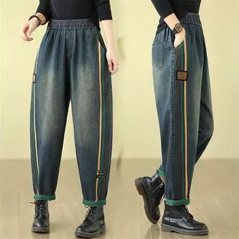 Шаровары длиной до щиколотки с боковой полоской Vaqueros, корейские модные повседневные свободные джинсы с высокой эластичной резинкой на талии, женские уличные джинсовые брюки M чёрный