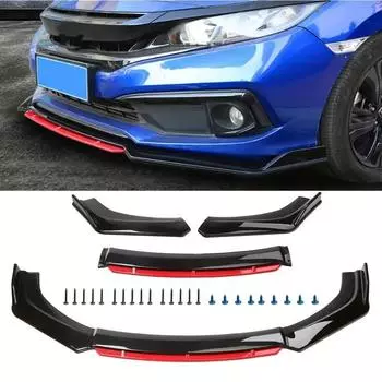 Sharp Gloss Black Red Tongue Передний бампер Губа Подбородок Спойлер Разделитель Диффузор Комплект кузова Отделка Защитный кожух воздухозаборника Универсальный Большинство автомобилей