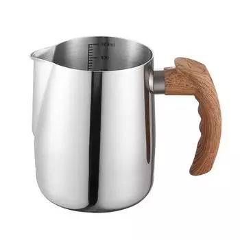 Sharp nosed figured cylinder, wood grain handle, stainless steel figured cup, graduated measuring cup, coffee cup, milk foam cup natural color(600ml internal scale)