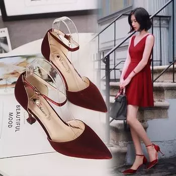Туфли на высоком каблуке с острым носком, летний новый стиль, с неглубоким носом, прямой ремешок с пряжкой, тонкие босоножки на высоком каблуке для женщин 34 красный