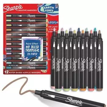 Sharpie Acrylic Marker Earth Tone Mineral Pigment 12 Colors Art Marker F Medium Tip Water-Based Pigment Ink 2209910