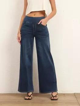 Shascullfites Джинсы со средней талией и широкими штанинами для женщин, эластичные темно-синие джинсы, повседневные брюки свободной посадки с карманами XS