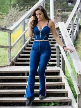 Комплект из двух предметов Shascullfites Melody, темно-синий деним, новинка в подборке, расклешенные джинсы и укороченный топ на молнии, одежда для женщин XS