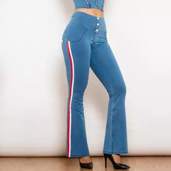 Shascullfites Melody Светло-синие полосатые расклешенные джеггинсы с подъемом на пуговицах Расклешенные джинсы с высокой талией Женские утягивающие джинсы XS