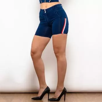 Shascullfites Melody Темная нить со средней талией Темно-синие джинсы с полосками Джинсовые шорты Облегающие шорты с подтяжкой ягодиц Женские шорты XS