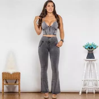 Shascullfites Shaper костюм боди на молнии топ пуш-ап серые джинсы топ с высокой талией расклешенные джинсы женский комплект из 2 предметов XXS