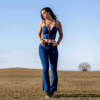 Shascullfites Женский костюм, темно-синий боди на молнии, топ с пуш-ап, расклешенные джинсы со средней талией, женские комплекты из 2 предметов с брюками S