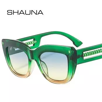 SHAUNA кошачий глаз женские ретро уникальные полые металлические украшения с цепочкой солнцезащитные очки мужские трендовые оттенки UV400 заклепки градиентные солнцезащитные очки
