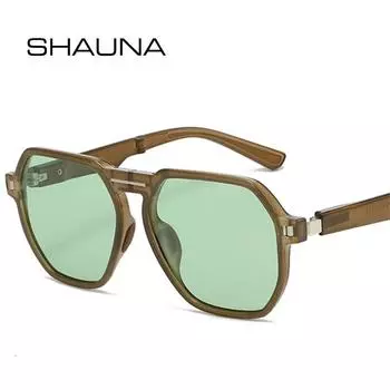 SHAUNA Ретро многоугольные квадратные женские поляризационные складные солнцезащитные очки оттенка UV400 Ins популярные модные чайно-зеленые мужские солнцезащитные очки
