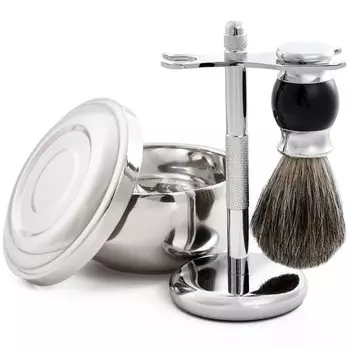 Shaving Brush Set Stainless Steel 3 Piece Set Shaving Brush/Stand/Soap Bowl Men s [BAXON]