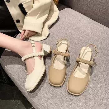 She has the same round head versatile sandals for women s thick heels and empty casual single shoes for women s 2025 summer new models WJY01BH3 35 бежевый