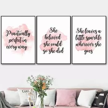 She Leaves A Little Sparkle Canvas Painting Nordic Text Positive Pink Quote Poster Modern Wall Picture Girl Bedroom Home Decor 21x30cm No Framed
