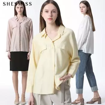 She S miss атласная рубашка с открытым воротником и карманом-клапаном, цена 128 000 вон Light yellow (LY)/55