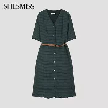 She S miSS Belted Check V Neck dreSS Swwopo21050 De DARK GREEN/55