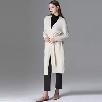 She S miss Olive с поясом и V-образным вырезом, длинный шерстяной вязаный кардиган MELANGE BEIGE (ME)/55