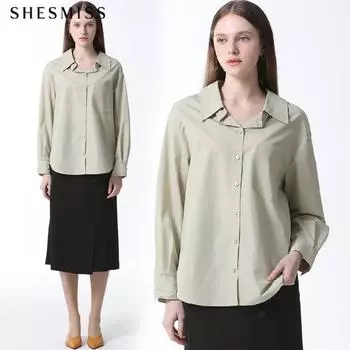 She S miss открытый воротник несбалансированная хлопковая рубашка цена 158 000 вон Light Khaki (LK)/55