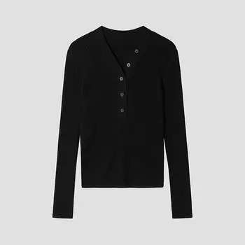 She S miSS Rib V Neck Button Slim Knit SSkpop12070 Bk blacks/55