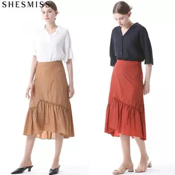 She S miss Unbalanced Slit Flare Cotton Юбка Red (RE)/55