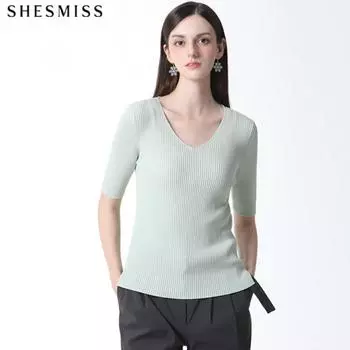 She S miss Volume Slim Fit V-образный вырез ребристый короткий рукав трикотаж цена 118 000 вон Mint (MI)/55