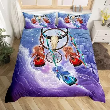 Sheep Skull Duvet Cover Set King Queen Size Feather Dreamcatcher Bedding Set Microfiber Purple Sea Waves Boat Comforter Cover EU single(135x200cm)