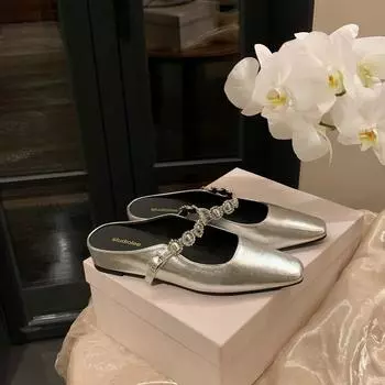 Sheepskin 4cm inner height increase half slippers rhinestone word with shallow mouth versatile bag head slippers 35