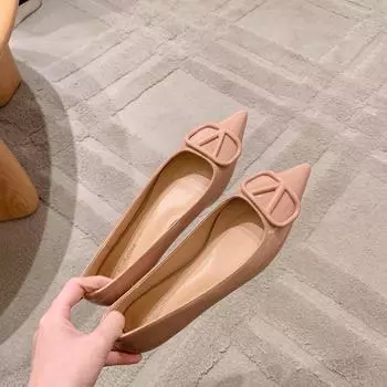 Sheepskin~ A glance of heart temperament pointed boots celebrity style V buckle commuter shoes women s flats 35