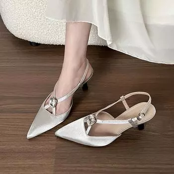 Sheepskin bag head sandals women s summer wear new kitten heel stiletto pointed high heel French beautiful nude shoes 34