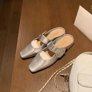 Sheepskin bag head slippers women s sparkling diamond buckle square head one word low heel temperament half drag empty single shoes 35