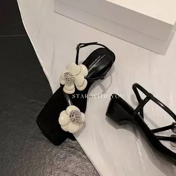 Sheepskin~ Beautiful sandals for summer wear Women s flower toe buckle with thick heels 35