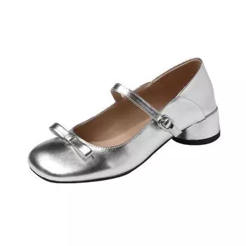 Sheepskin bow leather shoes light mouth Mary Jane shoes women s round head silver thick heel single shoes small leather shoes 35