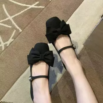 Sheepskin~ bow leather shoes Mary Jane shoes women s beautiful versatile small heels thick heel single shoes ladyshoes 35