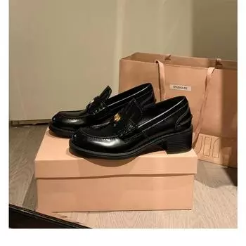 Sheepskin British round head gold coin genuine leather thick sole one pedal thick heel women s small leather shoes 34