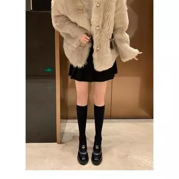 Sheepskin~ British thick-soled genuine leather gold coins for women lazy, one pedal with skirt, small leather shoes, high heels 34